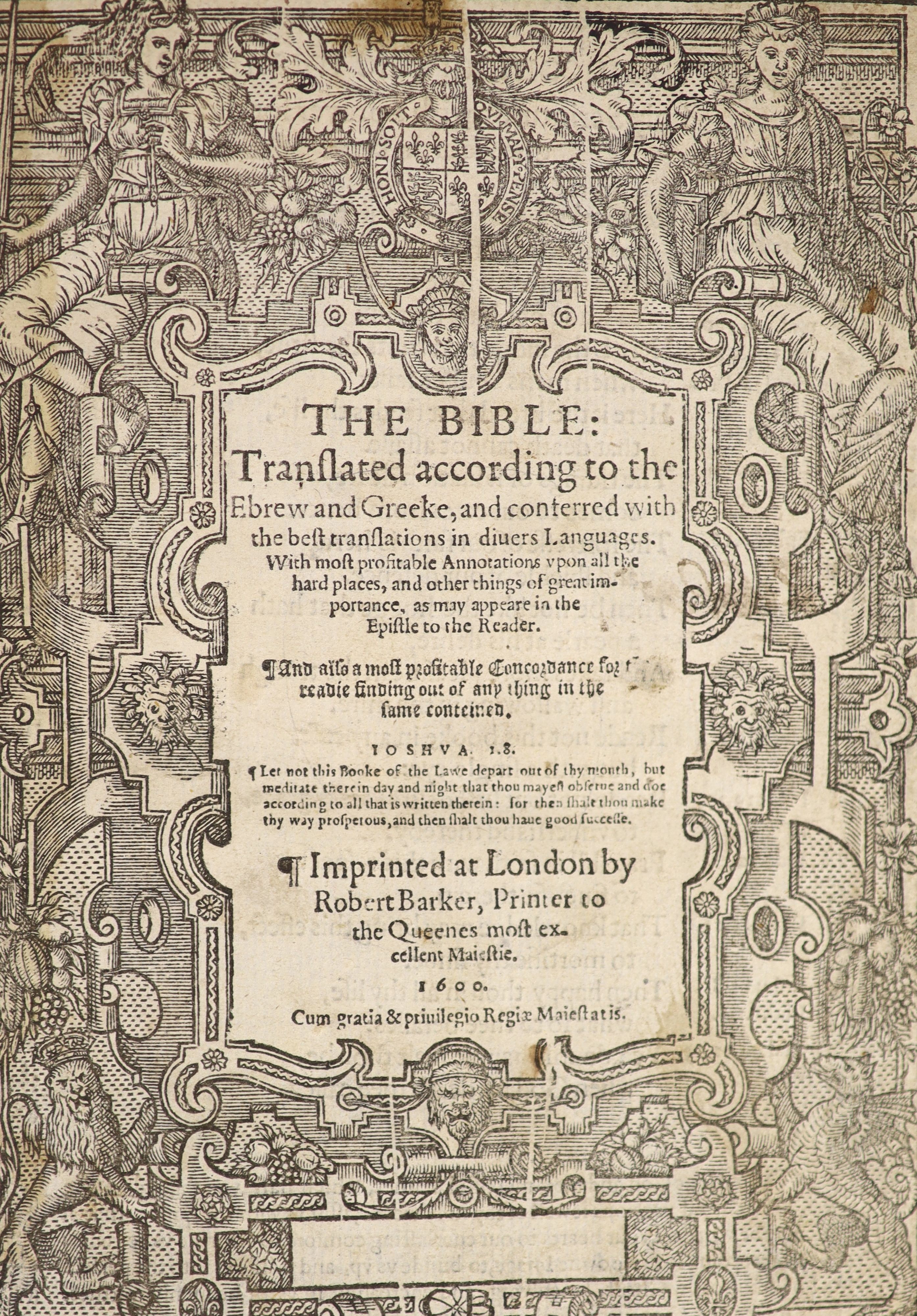 [Holy Bible] The Bible: translated according to the Ebrew and Greeke ... And also a most profitable Concordance ...